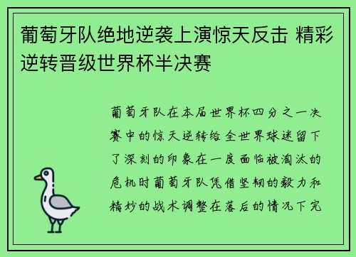 葡萄牙队绝地逆袭上演惊天反击 精彩逆转晋级世界杯半决赛