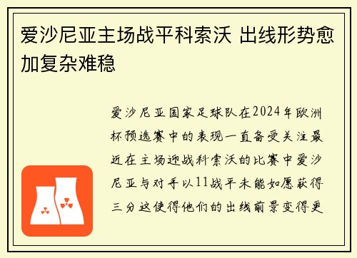 爱沙尼亚主场战平科索沃 出线形势愈加复杂难稳