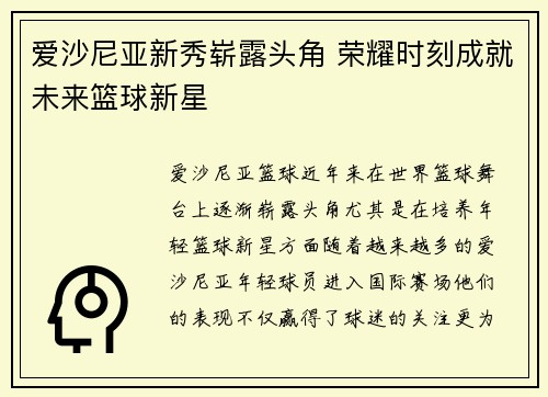 爱沙尼亚新秀崭露头角 荣耀时刻成就未来篮球新星