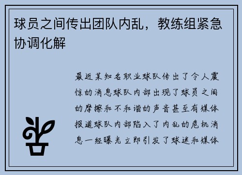 球员之间传出团队内乱，教练组紧急协调化解