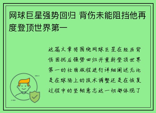 网球巨星强势回归 背伤未能阻挡他再度登顶世界第一